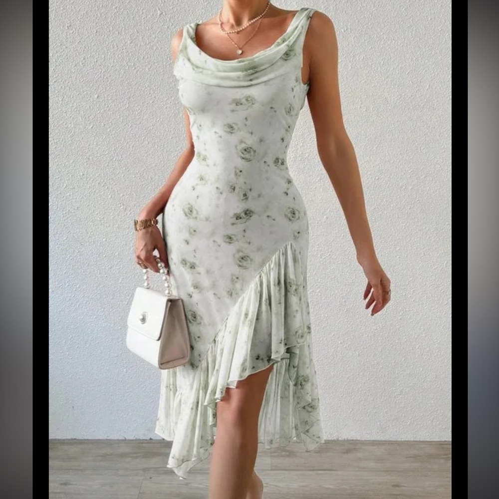 SHEIN Sage Green Floral Cowl Neck High-Low Midi Dress